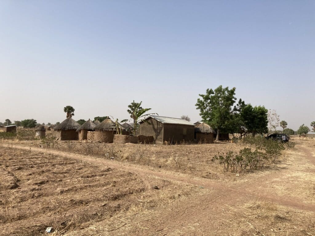Brown, dry grass fields are broken up by the crossroad of a small West African village. In the distance to the left, a small cluster of trees, huts, and a single larger building can be clearly seen.