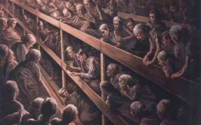 An artists depiction of Corrie and Betsie Ten Boom reading the Bible to and overcrowded room of their fellow prisoners in a German concentration camp.